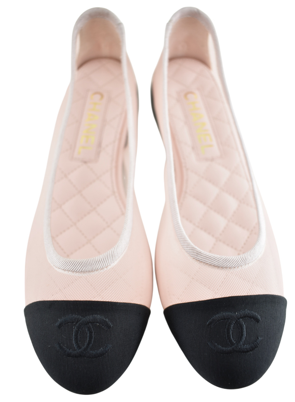Chanel 25P Light Pink Mesh Black Cap Toe CC Logo Ballet Ballerina Flat 36.5
